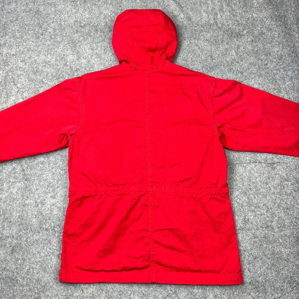 VTG Eddie Bauer Jacket Womens Medium Red Hooded Zip Snap Cotton Outdoors Pockets